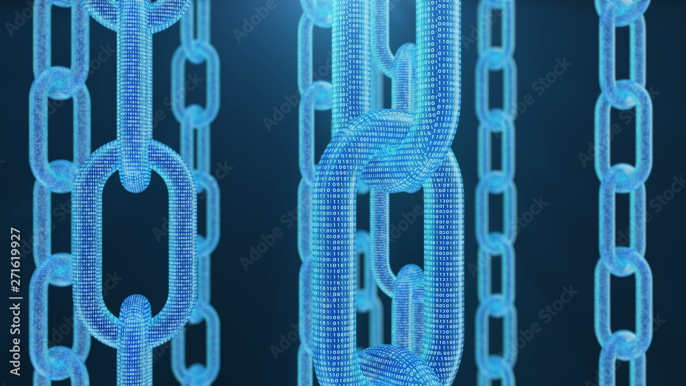 Poster 3d rendering digital blockchain code. chain links network. blue background. concept of network, cryp