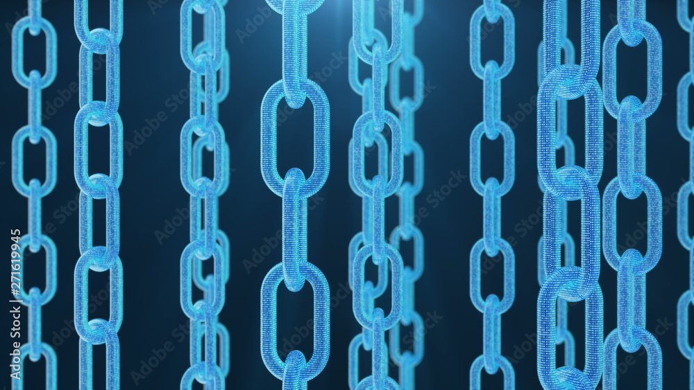 Poster 3d rendering digital blockchain code. chain links network. blue background. concept of network, cryp