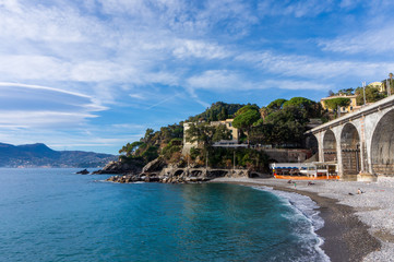 Obraz premium view of beach and cape in Zoagli, Genoa, Italy