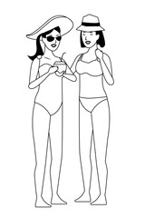 Young women in summer cartoons in black and white