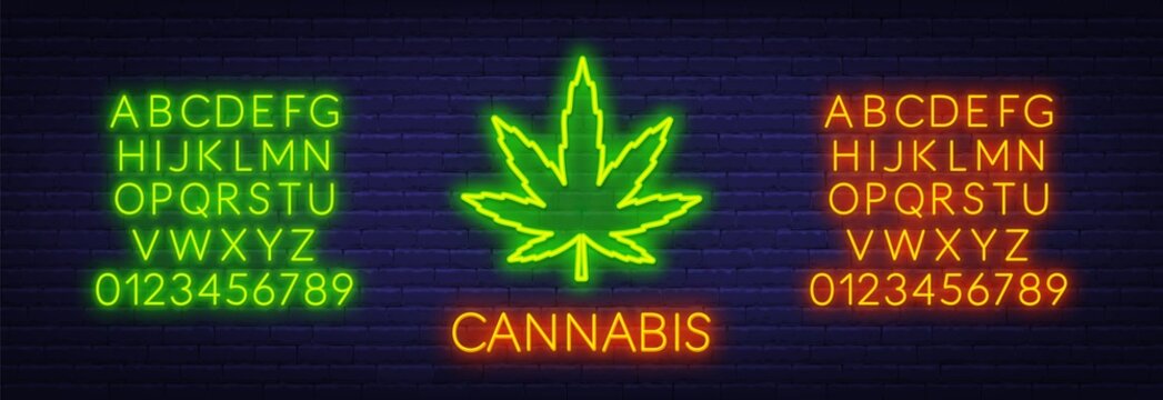 Cannabis neon sign on brick wall background. Vector illustration.