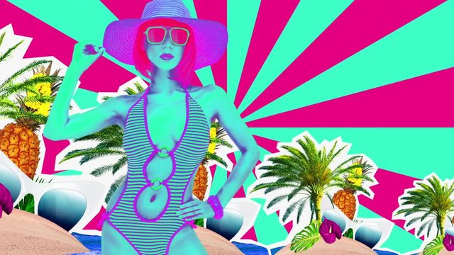 Fashion animation art. Beach Girl. Vacation time. Zine art collage
