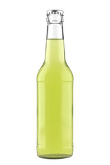 Clear glass bottle with a lime drink on a white.