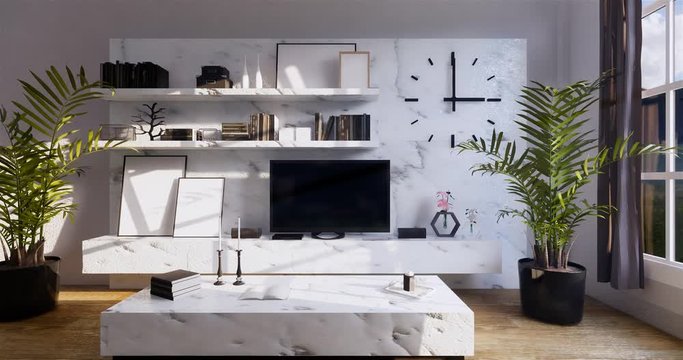 modern Tv on granite cabinet shelf in zen room interior background 3d rendering