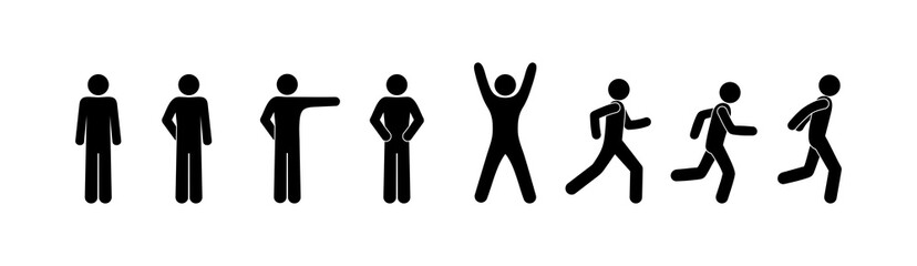 pictogram people run, stick figure person silhouettes, icon set man goes in for sports