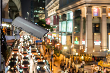 Surveillance Camera Overlooking Busy Intersection, Bangkok, Thailand