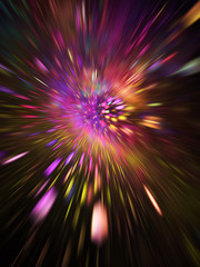 Abstract holiday background with blurred rays and sparkles. Fantastic golden and purple light effect. Digital fractal art. 3d rendering.