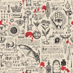 Vector seamless background on the theme of alchemy, magic, witchcraft and mysticism with various esoteric and occult symbols, sketches, blots. The Latin words Spirit, Land, Secret, Interior, Stone - obrazy, fototapety, plakaty