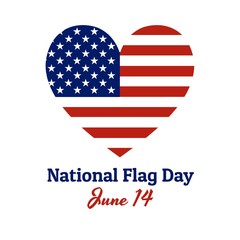 Heart shaped national flag of The United States of America with inscription: National Flag Day, June 14 in modern style with patriotic colors. Vector EPS10 illustration