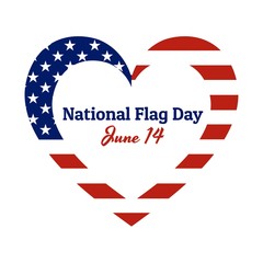 Heart shaped national flag of The United States of America with inscription: National Flag Day, June 14 in modern style with patriotic colors. Vector EPS10 illustration
