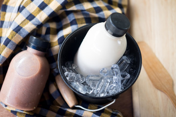 Fresh milk and chocolate flavor milk in plastic bottle