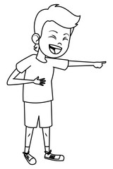 boy laughing and pointing out black and white