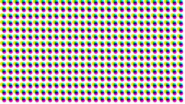 Half Tone CMYK Colors Dots Background/ 4k animation of an abstract half tone background transition with primary colors fading, cyan, magenta, yellow and black seamless looping