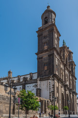 LAS PALMAS DE GRAN CANARIA, SPAIN - MARCH 10, 2019: The Cathedral of Saint Ana situated in the old district Vegueta. Vertical.