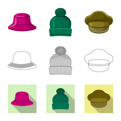 Vector design of headgear and cap symbol. Collection of headgear and accessory vector icon for stock.