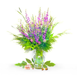 still life, flowers, a bouquet of flowers in a vase with objects