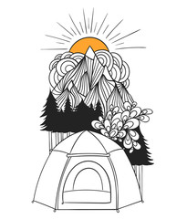 Creative illustration of camping tent in a forest with mountains. Doodle outdoor tourism art. Camping emblem for coloring. Easy to change colors.