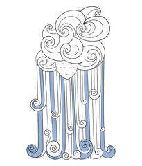 Doodle girl with long hair as rain drops or sea waves, head in clouds. Creative illustration represents seasons and rainy weather. Easy to change colors.