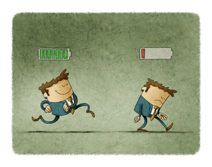 Cheerful businessman with high full level energy battery green and tired businessman with low battery red color. Business concept. Illustration - 271630782