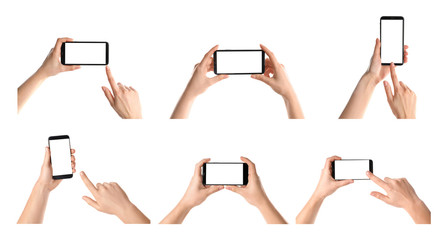 Obraz na płótnie Canvas Set with people holding smartphones on white background, closeup of hands. Space for text