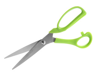 Pair of sharp scissors on white background