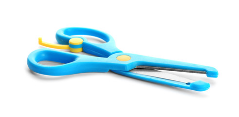 Pair of training scissors on white background
