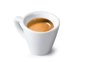 Espresso Lungo Coffee, Isolated on White Background – Original Traditional Italian Coffee, Classic White Marble Cup from Italian Bar Café, Creamy Arabica Blend – Close-Up Macro, Top View Icon