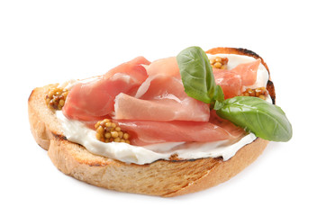 Tasty bruschetta with prosciutto and mustard on white background