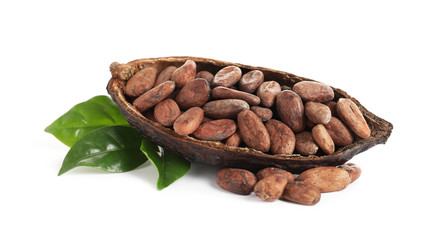 Composition with cocoa beans on white background