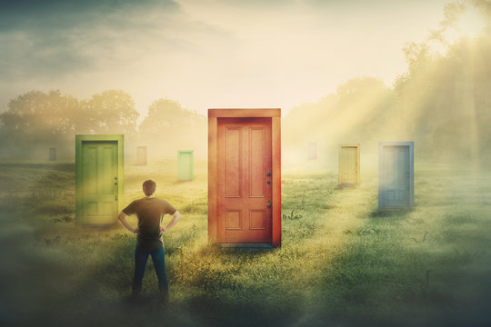 Doubtful man in front of many different doors choosing one. Difficult decision, concept of important choice in life, failure or success. Ways to unknown future career development.