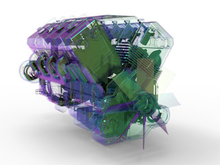 3D rendering - x-ray view of a large car engine