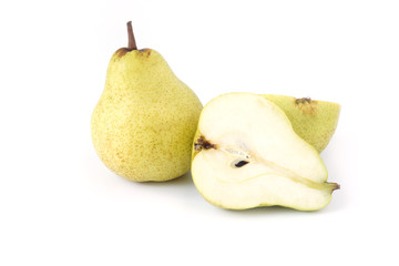 Ripe green pear fruits full and slice fruit isolated on white background