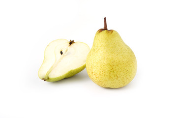 Ripe green pear fruits full and slice fruit isolated on white background