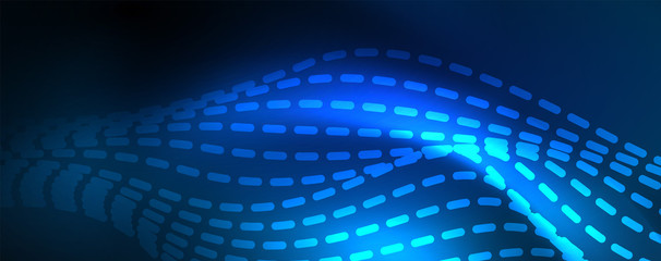 Smooth wave lines on blue neon color light background. Glowing abstract wave on dark, shiny motion, magic space light