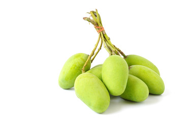 Thai green mango bunch fruit, taste is very sour unique isolated on white background