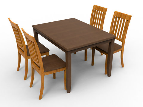 3D rendering - simple wooden table with four chairs