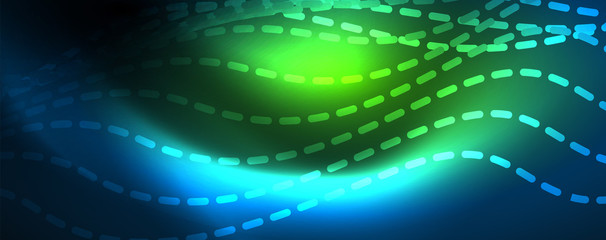 Fototapeta premium Smooth wave lines on blue neon color light background. Glowing abstract wave on dark, shiny motion, magic space light
