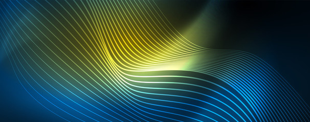 Smooth wave lines on blue neon color light background. Glowing abstract wave on dark, shiny motion, magic space light