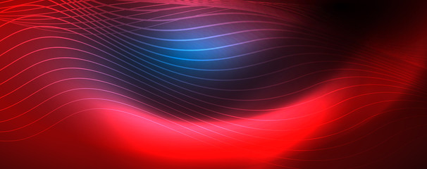 Smooth wave lines on blue neon color light background. Glowing abstract wave on dark, shiny motion, magic space light