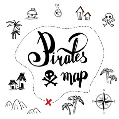 pirates map icon set old ink hand drawn cartoon style , black isolated on white vector illustration . text lettering , rose of wind , scull, chest, palm, mountains, tribes