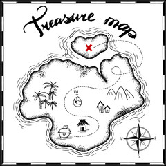 pirates treasure map hand drawn cartoon black ink isolated on white , palms at uninhabited island cross sign way search gold chest , rose of wind compass north at sea or ocean , vector illustration