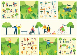 Vector Nature ECO backgrounds with girls and boys run and jump and has a rest outdoor, in the forest and park in the flat style