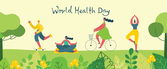 Obraz premium Vector illustration concept flat design of men and women doing sport and healthy lifestyle background - World Health Day