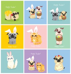 Vector Easter cards with people, cute puppy dog, rat, panda and cat with rabbit ears, spring flower, egg and hand drawn text - Happy Easter in the flat style