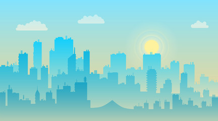 Morning sky and clouds over city silhouette vector cityscape