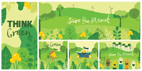 Foto op Canvas Vectorillustratie ECO-achtergrond van Concept van groene eco-energie en citaat Save the planet. Landschap, bos, mensenactivisten met ecobanners in platte geometrische stijl. © virinaflora