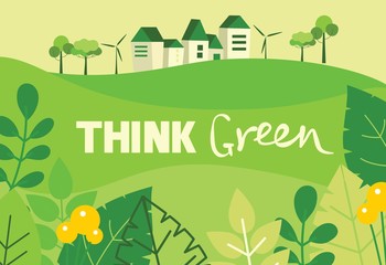 Vector illustration ECO background of Concept of green eco energy and quote Save the planet. Landscape, forest, hills and trees with wind turbines in flat geometric style