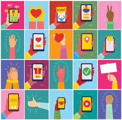 Super set of illustrations of hand holding smartphone with new message on screen. Chat, email messaging, sms, mobile concepts for web sites, web banners in modern flat design