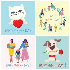 Colorful vector illustration concept of Happy Mother's day . Mothers with the children and cute pets in the flat design for greeting cards, posters and backgrounds