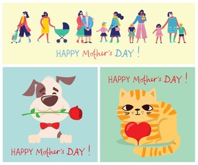 Colorful vector illustration concept of Happy Mother's day . Mothers with the children and cute pets in the flat design for greeting cards, posters and backgrounds 